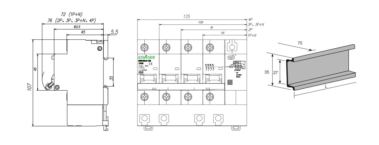 EBASEE EBS1BLE-125 RCBO Dimensions