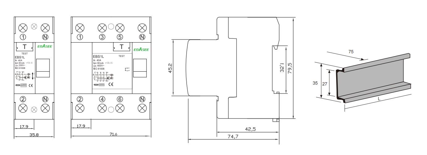 EBS1L Residual Current Circuit Breaker Dimensions