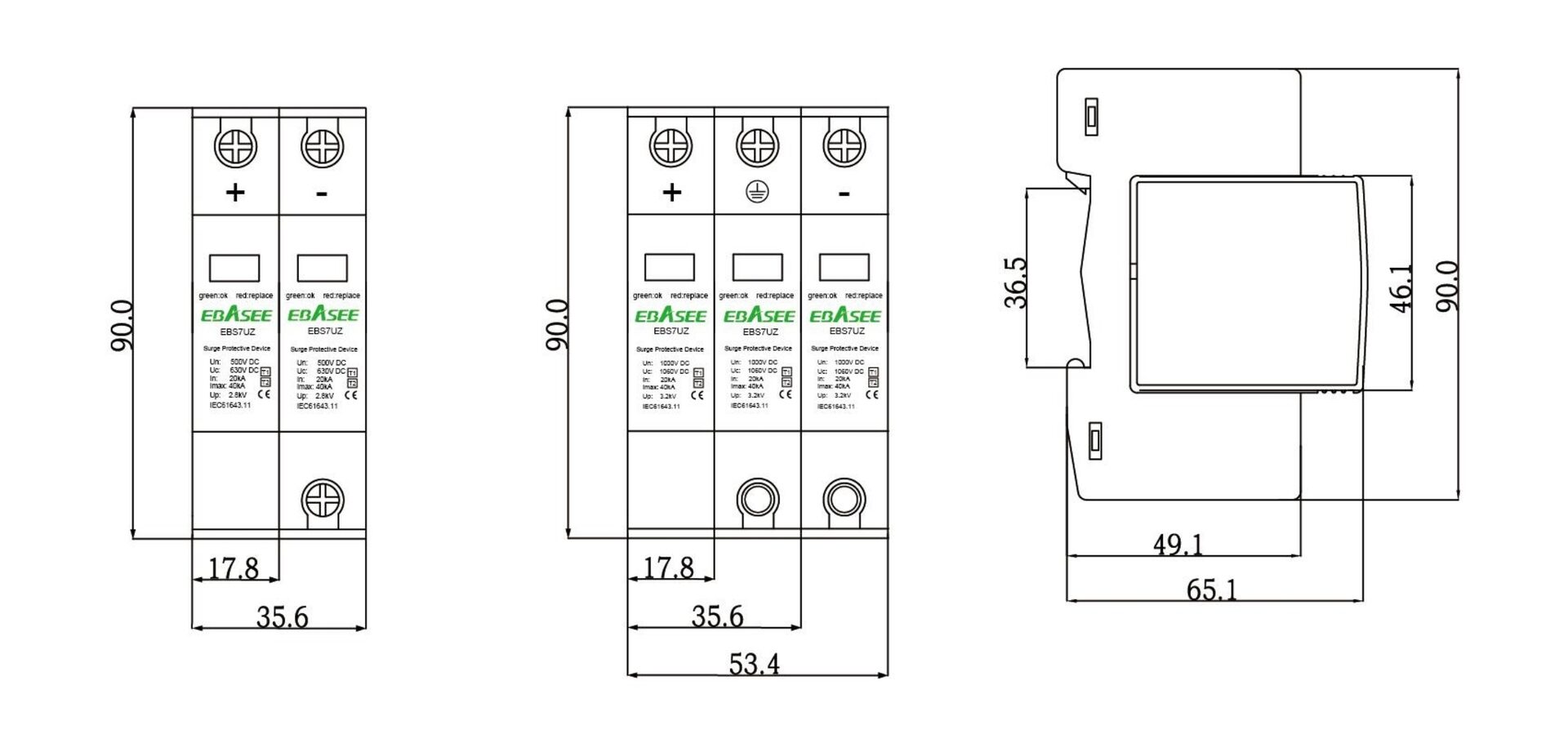 EBS7UZ DC Surge Protector Devices Dimensions