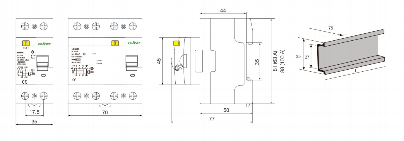 EBS8R RCCB RCD Dimension